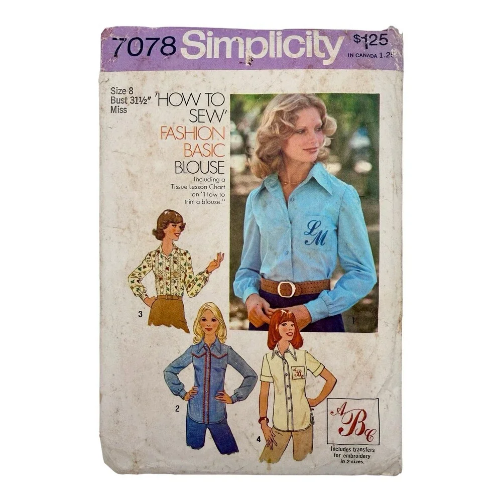 VTG 1975 Simplicity Sewing Pattern Misses Blouse Monogram Option Size 8 #7078
